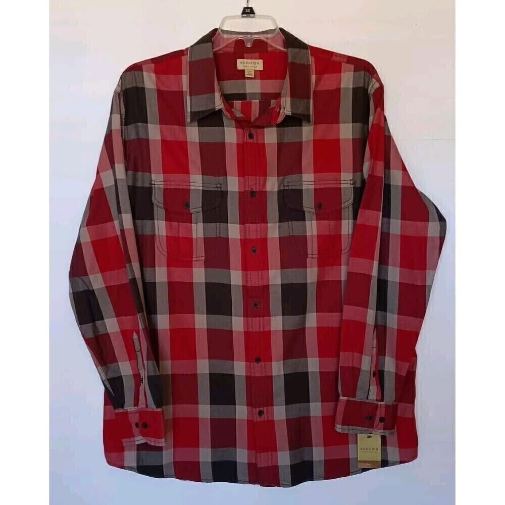 NWT Sonoma Men's Size XXL Large Check Red/Gray Button Down Shirt